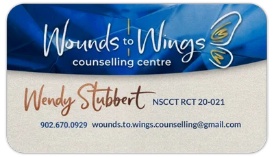 Wounds to Wings Counselling Centre business card for Wendy Stubbert